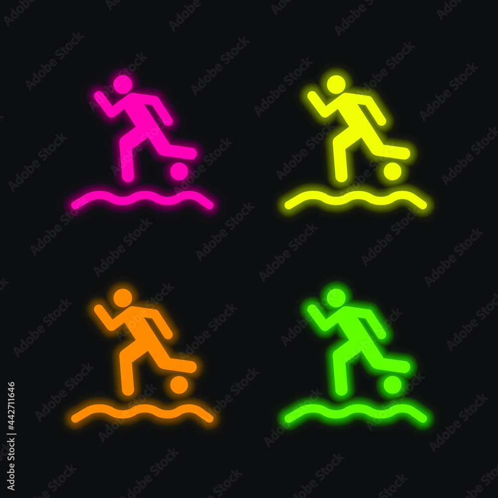 Beach Soccer Player Running With The Ball On The Sand four color glowing neon vector icon Beach Soccer Player Running With The Ball On The Sand four color glowing neon vector icon