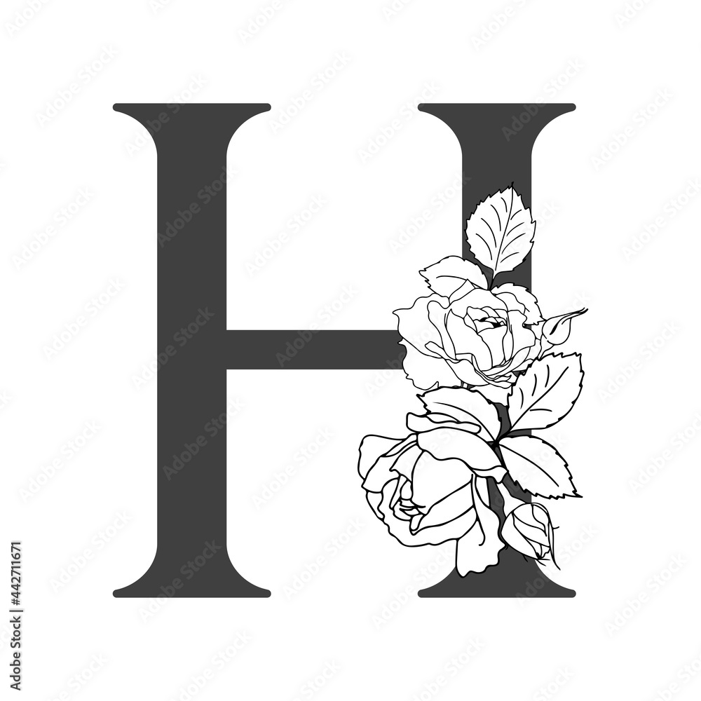 Vector floral alphabet. Floral design of letter H. Monogram floral letters. Decoration of wedding invitations, cards, business cards of florists. Floral design of roses in a linear style. Vector floral alphabet. Floral design of letter H. Monogram floral letters. Decoration of wedding invitations, cards, business cards of florists. Floral design of roses in a linear style.