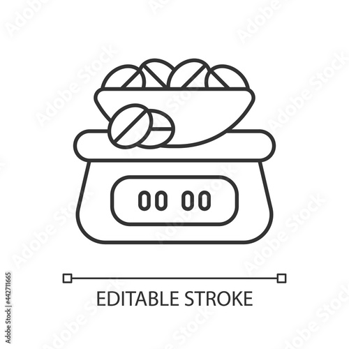 Coffee scale linear icon. Appliance for measuring beans weight. Barista accessories. Thin line customizable illustration. Contour symbol. Vector isolated outline drawing. Editable stroke
