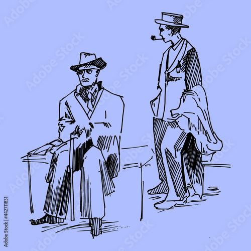 Graphic linear sketch of two men in suits