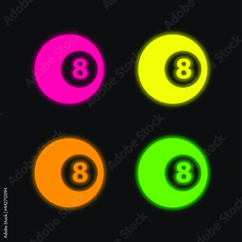 Black Eight Billiard Ball four color glowing neon vector icon