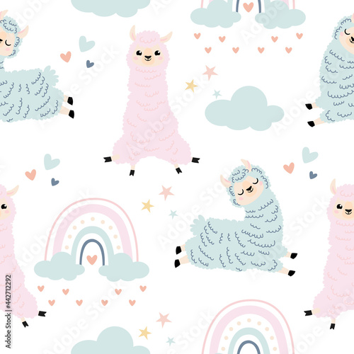 Lamas vector seamless pattern with rainbows and clouds on white color background. Cute cartoon personage llama. nursery printable stuff. Alpaca Seamless Pattern. Children's, Textiles, Wallpapers
