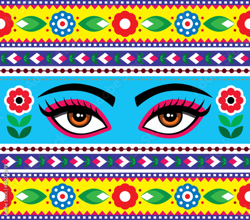 Fototapeta Naklejka Na Ścianę i Meble -  Indian truck art vector seamless pattern with Kali godess eyes and flowers - long vertical design