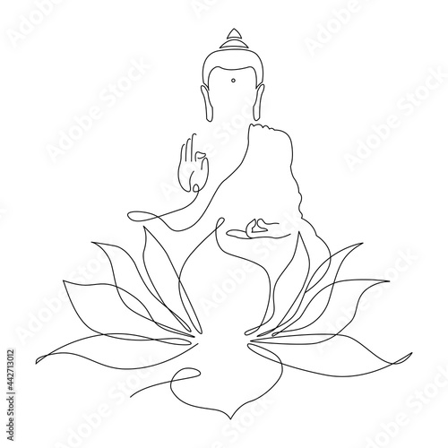 One line art silhouette of buddha and lotuse flower isolated on white background for logo, greeting cards, business card. One continuous line drawn Buddha statue Buddhist character.