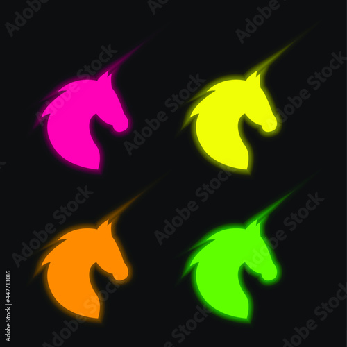 Black Head Horse Side View With Horsehair four color glowing neon vector icon