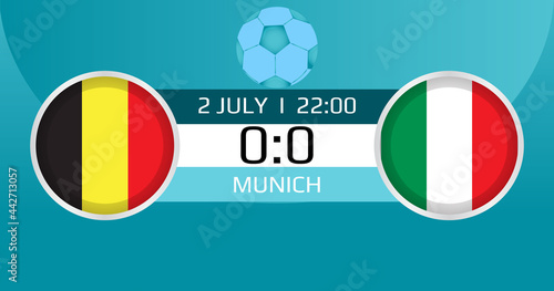 Belgium vs Italy soccer vector. Match score and venue of national football teams