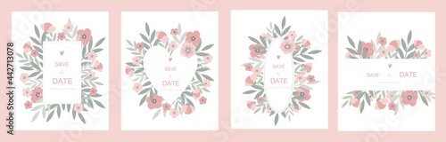 Vector set of wedding invitation cards with pink flowers and leaves. Floral border for invitations, greeting cards, business card