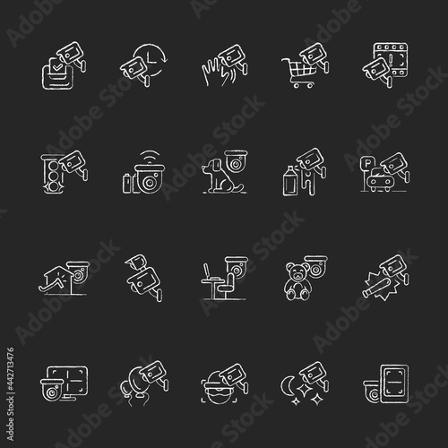 Surveillance and security systems chalk white icons set on dark background. CCTV camera installation. 24 7 protection. House intrusion prevention. Isolated vector chalkboard illustrations on black