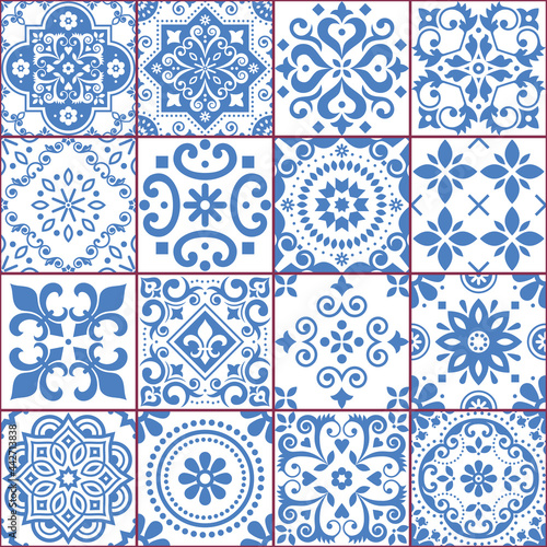 Portuguese and Spanish azulejo tiles seamless vector pattern collection in blue and white, traditional floral design big set inspired by tile art from Portugal and Spain 
