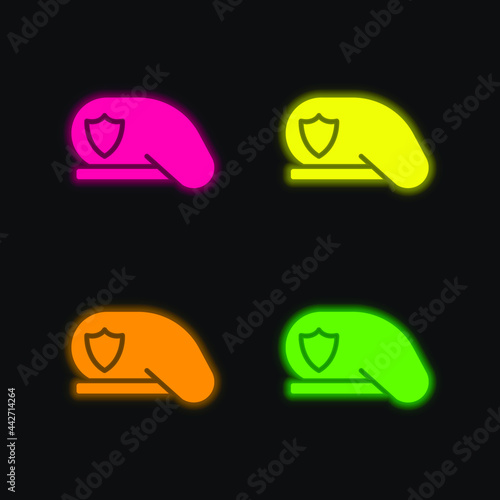 Beret four color glowing neon vector icon