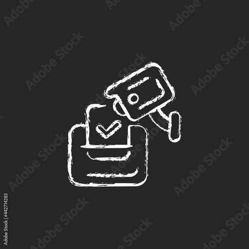 Video election observation chalk white icon on dark background. Monitoring polling stations. Electoral fraud prevention. Democracy promotion. Isolated vector chalkboard illustration on black