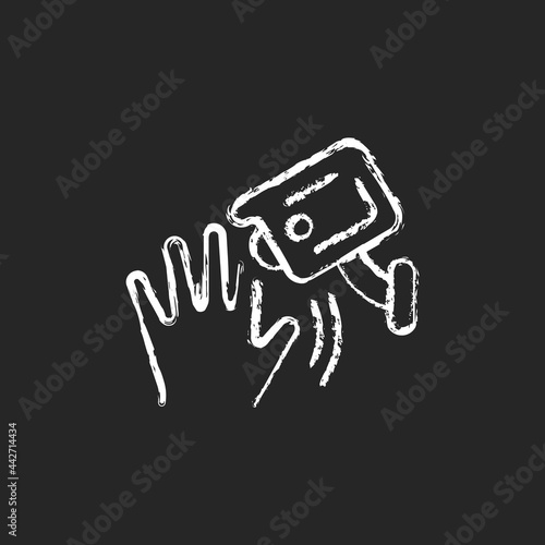Motion detection camera chalk white icon on dark background. Security control. Detecting human movement. Motion sensor. Receiving alerts. Isolated vector chalkboard illustration on black