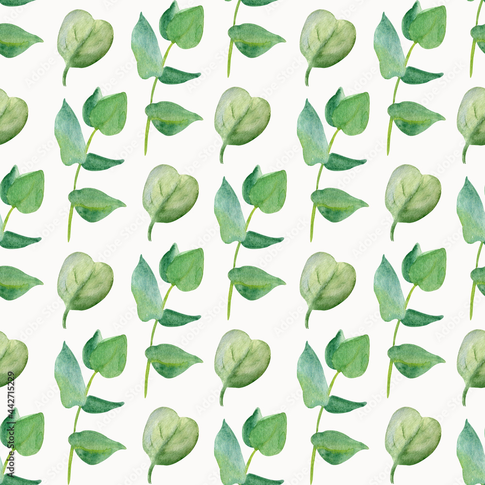 Green leaves doodle hand drawn seamless patern. Herbal, floral, greenery, leaf foliage background.