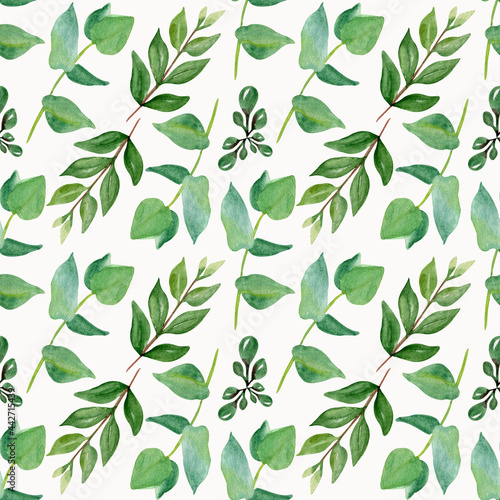 Green leaves doodle hand drawn seamless patern. Herbal, floral, greenery, leaf foliage background.