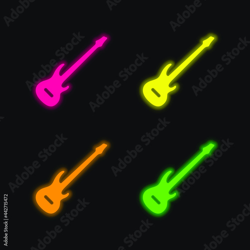 Bass Guitar four color glowing neon vector icon