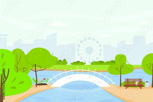 Urban landscape with large modern buildings on the background. A park  a river  a lake  a bridge and trees. Vector illustration in a flat style.