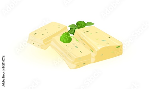 Pieces of butter with spinach and basil. Vector bricks of butter with leaves of greens. Tasty snack for sandwiches isolated on white. Natural farm dairy product