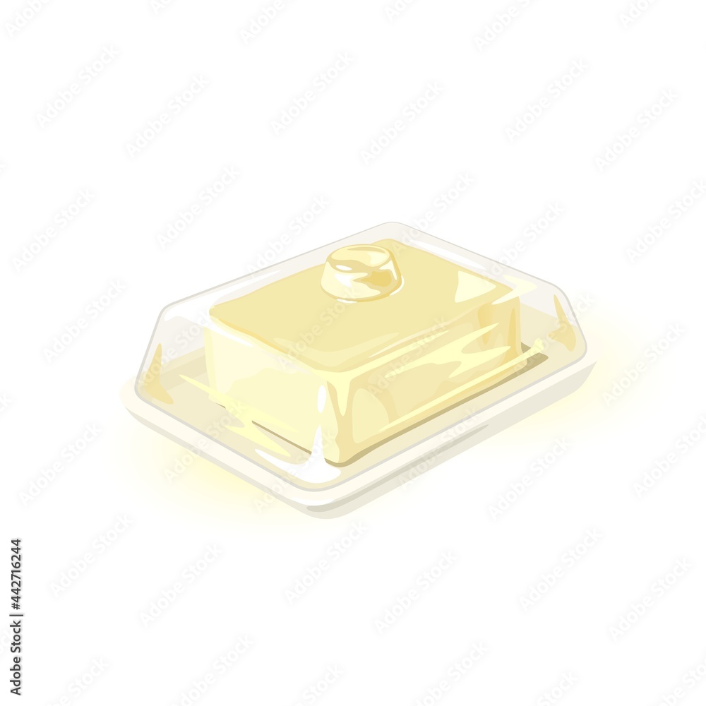 Butter, margarine or spread in glass butterdish. Vector fresh milk product, way of serving. Kitchen utensils with transparent cover. Natural farm dairy product isolated on white Butter, margarine or spread in glass butterdish. Vector fresh milk product, way of serving. Kitchen utensils with transparent cover. Natural farm dairy product isolated on white