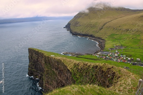 The cliffs and fjords around the romantic faroese village of Gjogv on Faroe Islands