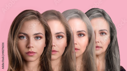 gradual aging of a woman collage before after, comparison of a young with an old Caucasian woman. faces from the young to the old of one person. anti-wrinkle skin care photo