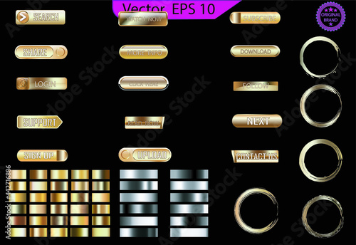 Set of glass gold buttons and sliders, web icons of different forms. Gradient mesh. Button set color gold glossy. EPS 10. Set of Gold gradients, gold glossy squares and circles. Gradient mesh