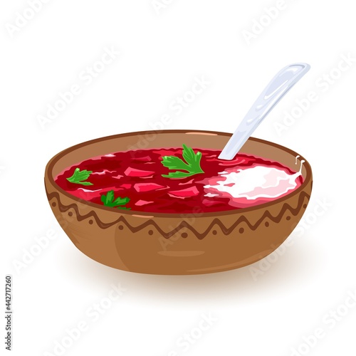 Tasty aromatic homemade meal with added sour cream and parsley served in plate with spoon. Vector delicious ethnic soup dish, healthy eating, ukrainian cuisine idea isolated on white background