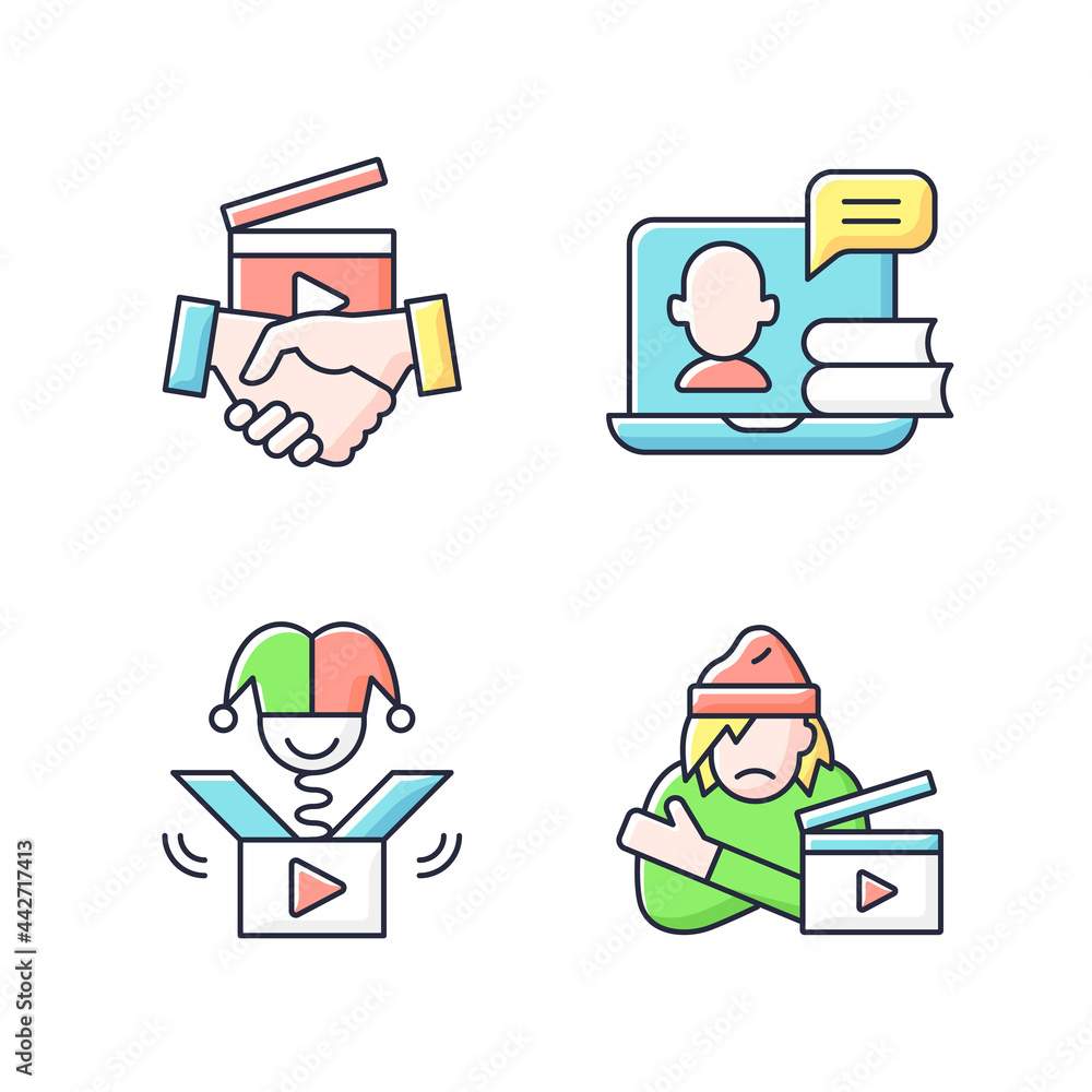 Different video RGB color icons set. Business to business service. Online webinar, internet classes. Social awareness. Isolated vector illustrations. Videography simple filled line drawings collection Different video RGB color icons set. Business to business service. Online webinar, internet classes. Social awareness. Isolated vector illustrations. Videography simple filled line drawings collection