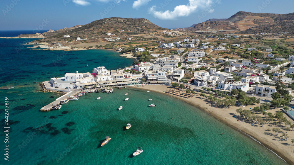 Aerial drone photo of Adamantas - picturesque main port of Milos island as safe natural yacht and sailboat anchorage protected by winds, Cyclades, Greece