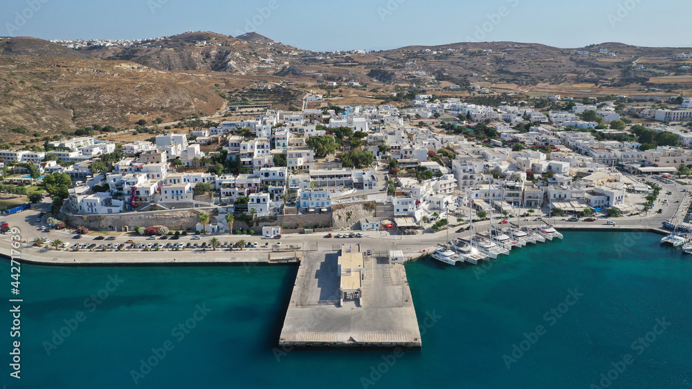 Aerial drone photo of Adamantas - picturesque main port of Milos island as safe natural yacht and sailboat anchorage protected by winds, Cyclades, Greece