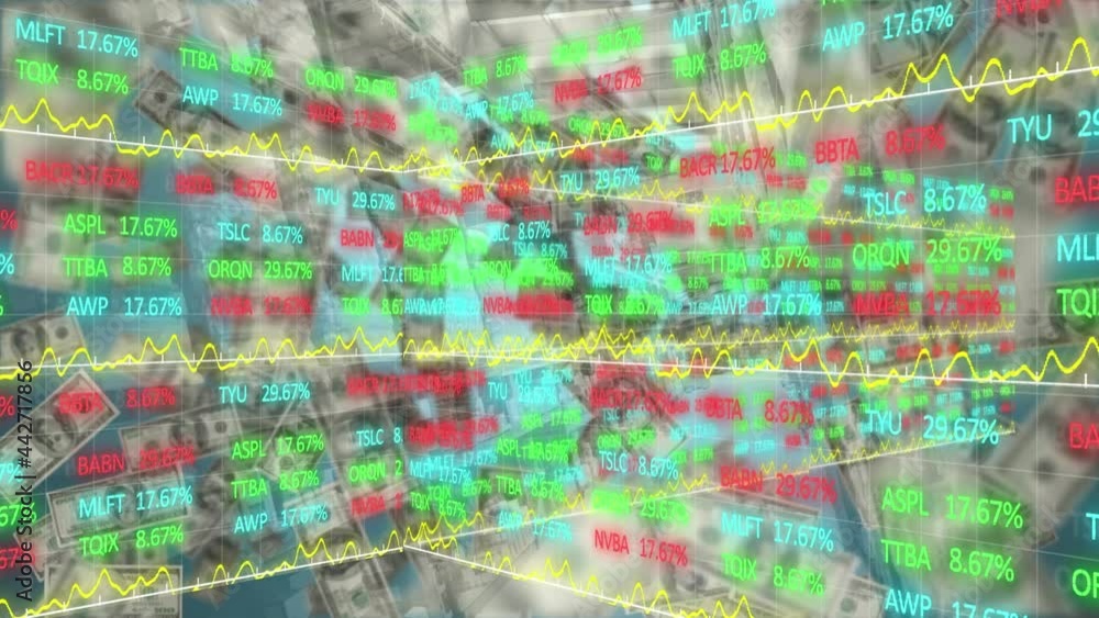 Animation of financial data processing with american dollars floating Animation of financial data processing with american dollars floating