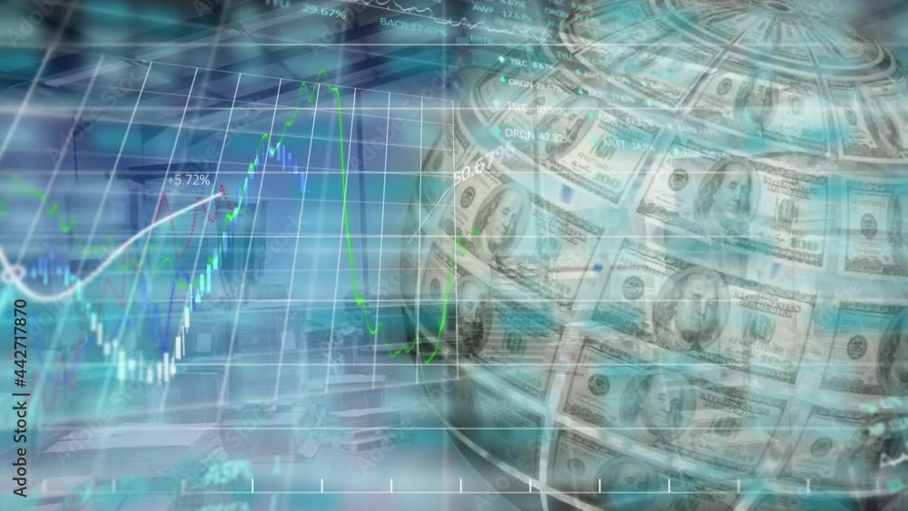 Animation of financial data processing with globe formed with american dollars Animation of financial data processing with globe formed with american dollars