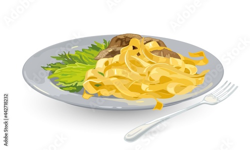 Cartoon of tagliatelle pasta with lettuce leaves and porcini mushrooms with cream topping. Vector national italian cuisine, cafe dinner, chef cooking. Food, healthy eating idea isolated on white