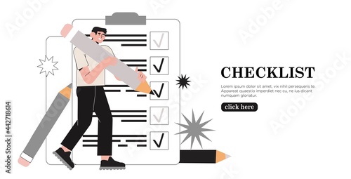 Business man holding giant pencil looking at completed checklist on clipboard marking tasks. Concept of effective daily planning and time management. Vector illustration web banner or ui character.