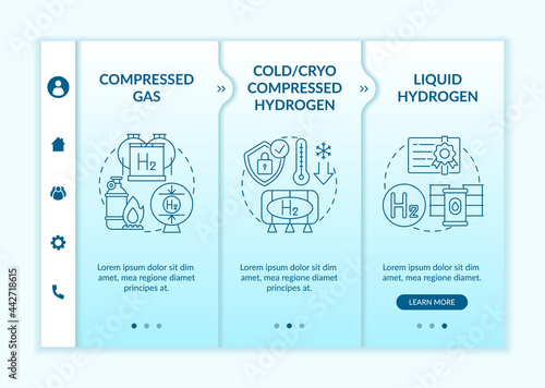 H2 storage approaches onboarding vector template. Responsive mobile website with icons. Web page walkthrough 3 step screens. Liquid hydrogen, compressed gas color concept with linear illustrations