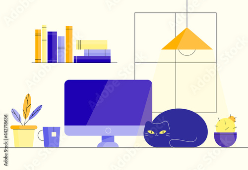 Working place. Cozy workspace with cat. Working from home,  work on computer at home, part time outsources, remote job. Suitable for web landing page, ui, mobile app, banner. Vector illustration. photo