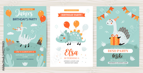 Fototapeta Naklejka Na Ścianę i Meble -  Set of Birthday cards with dinosaurs.