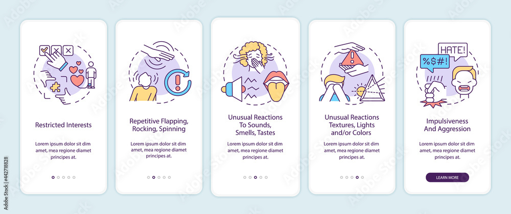 Autism symptoms onboarding mobile app page screen. Restrictive interests, aggression walkthrough 5 steps graphic instructions with concepts. UI, UX, GUI vector template with linear color illustrations