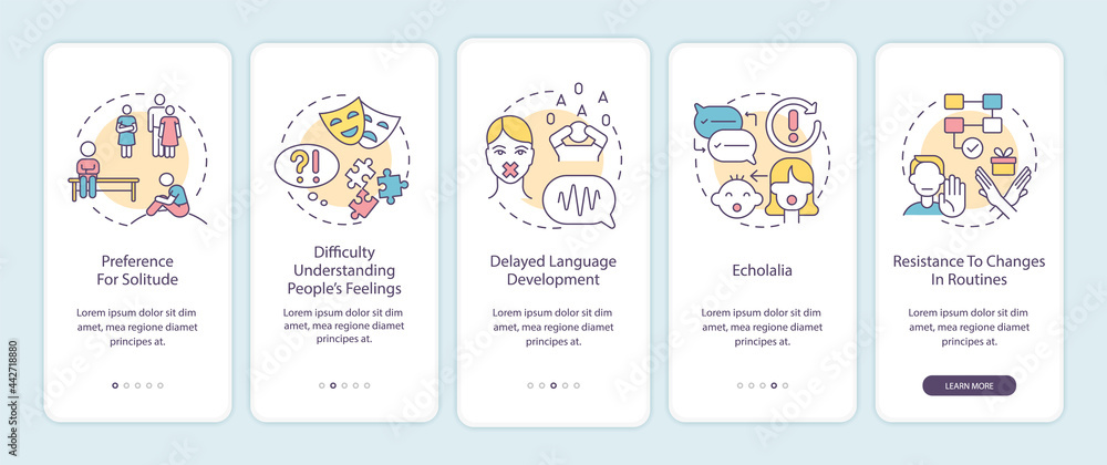 Autism signs onboarding mobile app page screen. Preference to solitude, echolalia walkthrough 5 steps graphic instructions with concepts. UI, UX, GUI vector template with linear color illustrations