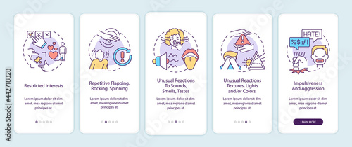 Autism symptoms onboarding mobile app page screen. Restrictive interests, aggression walkthrough 5 steps graphic instructions with concepts. UI, UX, GUI vector template with linear color illustrations