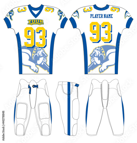 American Football jersey design with an elegant edgy and wild look. Football gear template mockup perfect fit for all sports. The designs that go on casual wear, shirts, fashions apparels, and all kin