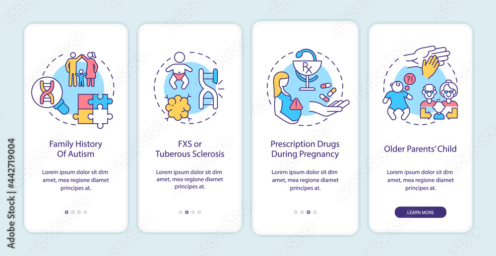 Autism causes onboarding mobile app page screen. Family history, tuberous sclerosis walkthrough 4 steps graphic instructions with concepts. UI, UX, GUI vector template with linear color illustrations