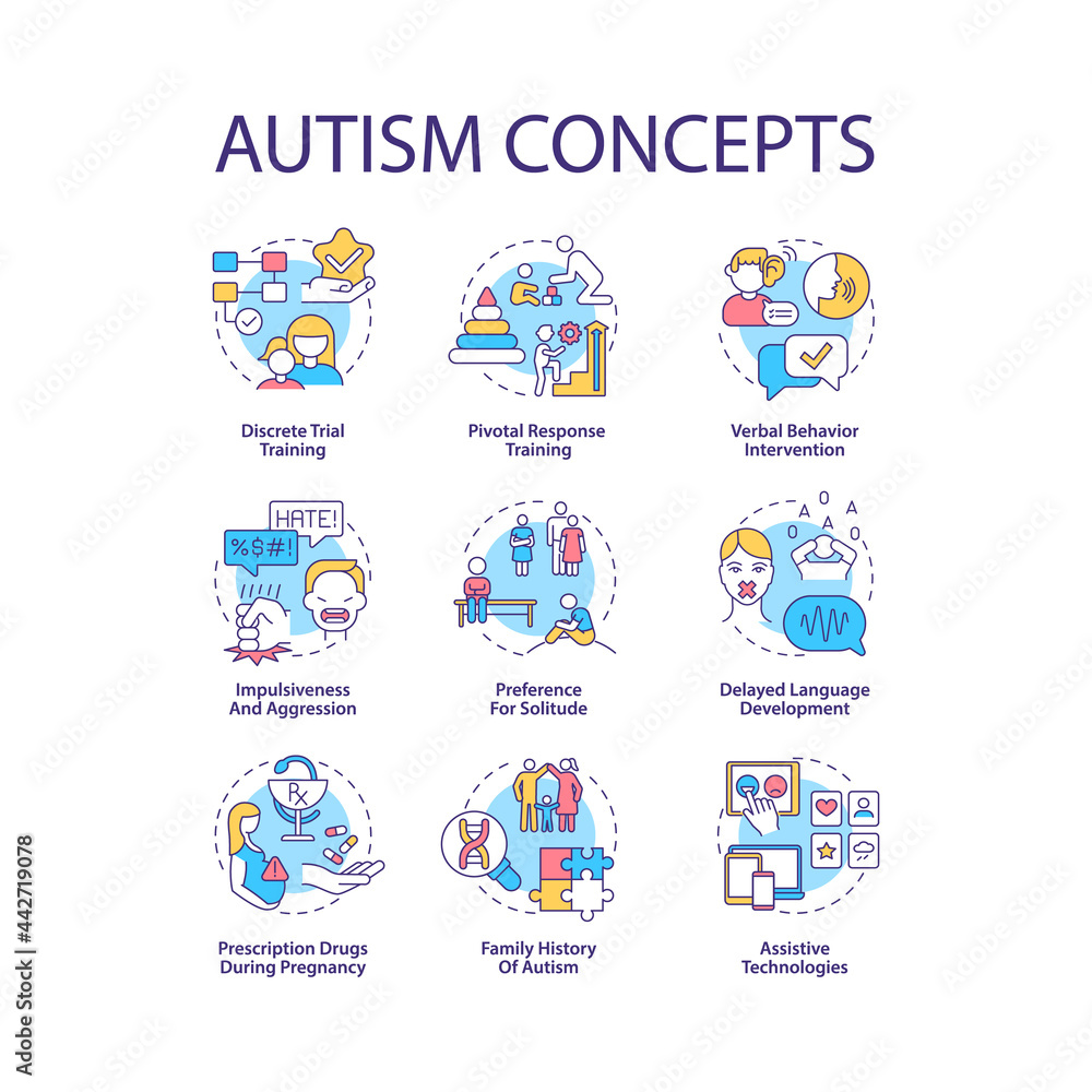 Autism spectrum disorder concept icons set. Developmental disabilities idea thin line color illustrations. Verbal behavior intervention. Vector isolated outline drawings. Editable stroke Autism spectrum disorder concept icons set. Developmental disabilities idea thin line color illustrations. Verbal behavior intervention. Vector isolated outline drawings. Editable stroke