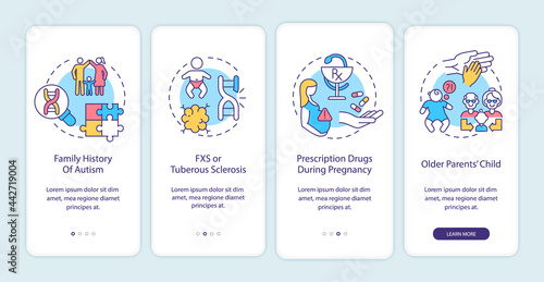 Autism causes onboarding mobile app page screen. Family history, tuberous sclerosis walkthrough 4 steps graphic instructions with concepts. UI, UX, GUI vector template with linear color illustrations © bsd studio