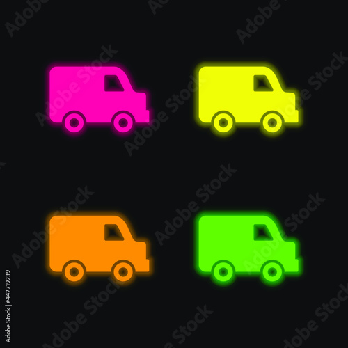 Black Delivery Small Truck Side View four color glowing neon vector icon
