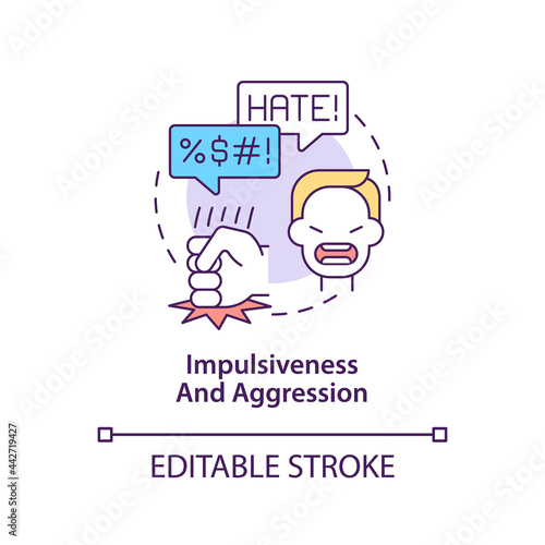 Aggressive and impulsive behaviors concept icon. Autism symptom abstract idea thin line illustration. Emotional control lacking. Anger feelings. Vector isolated outline color drawing. Editable stroke