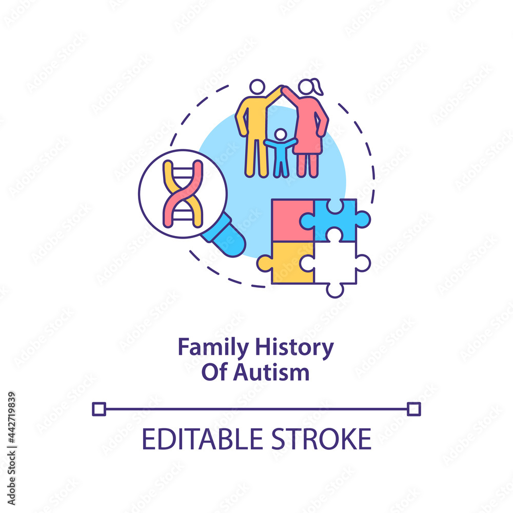 Family autism history concept icon. Autism risk factor abstract idea thin line illustration. DNA mutations inheritance. Affect brain development. Vector isolated outline color drawing. Editable stroke