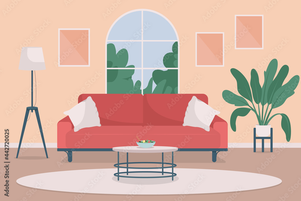 Fototapeta premium Cozy living room flat color vector illustration. Lifestyle and indoor relaxation. Residential household with furniture. Home 2D cartoon interior with modern furnishing on background