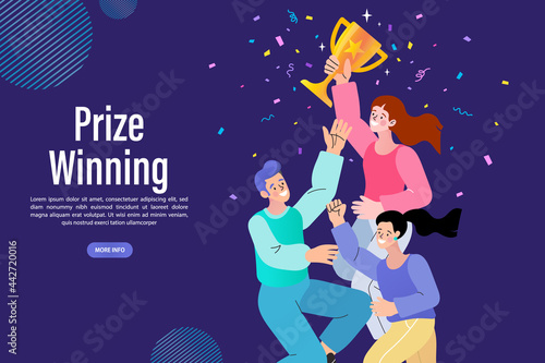 A diverse business team celebrates a major achievement, jumping with joy and holding a golden trophy under a shower of confetti. A concept of teamwork and success.