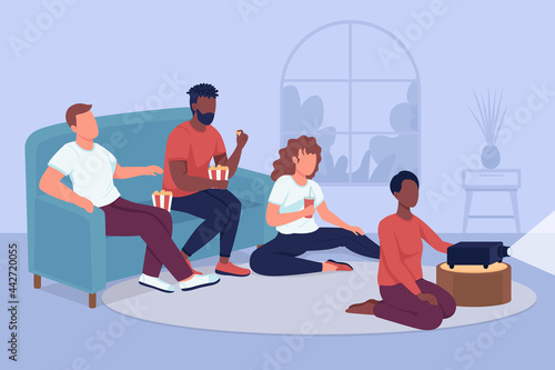 Friends movie marathon flat color vector illustration. Home party for spending time together. Weekend leisure activity. Men and women 2D cartoon characters with house interior on background