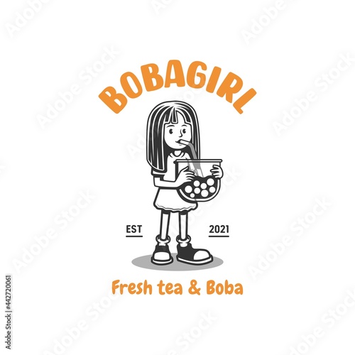 boba girl mascot logo. girl drinking boba vector illustration
